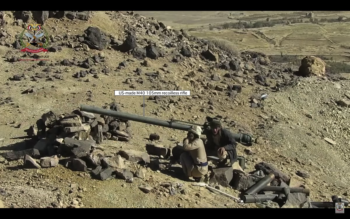 Saudi-backed Yemeni army shelling Houthi positions with M40 105mm recoilless rifle (maybe Iranian DIO ANTI-TANK GUN 106) East of Sanaa.  