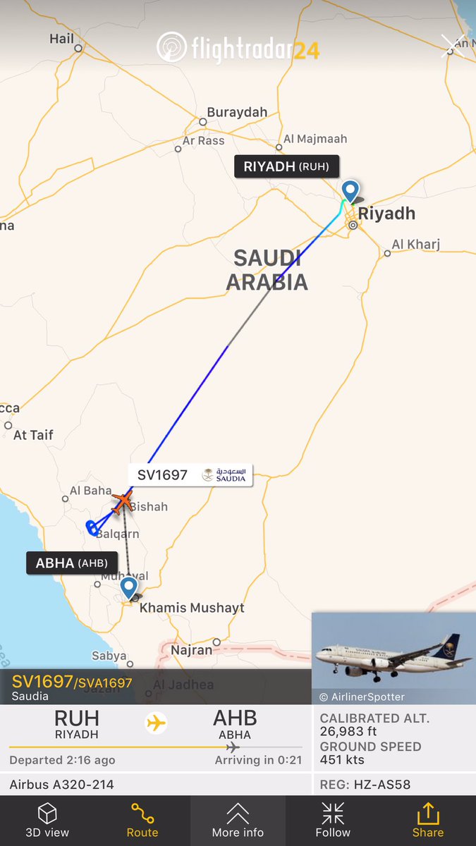 Notable number of commercial aircrafts destined for both Abha and Jizan Airports in southern Saudi Arabia are either in holding patterns or actually diverting away from the airports that are under attack. No takeoffs or landings at either airports.   