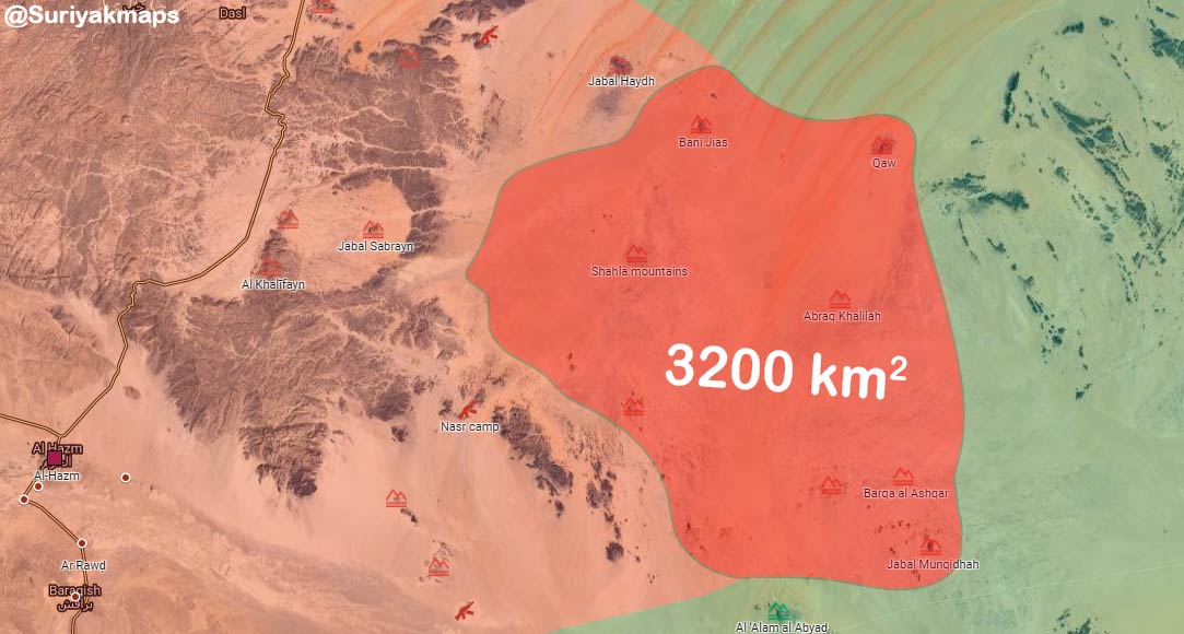 With this surprise attack Houthis took control over a  area of 3200 km^2 & are about to enter in Marib province from the North increasing the pressure to Marib city for the future battle