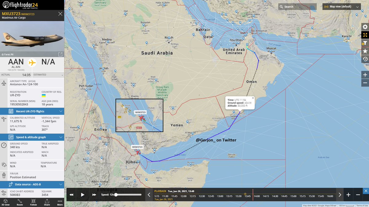 Maximus Antonov 124 reg. UR-ZYD visited Assab Air Base in Eritrea again today, just like yesterday.  Base is known for supplies to the wars Yemen and Libya, and suspected for involvement in the war around the Tigray region and Ethiopia