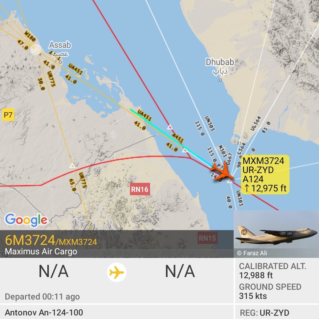 Maximus Antonov 124 reg. UR-ZYD visited Assab Air Base in Eritrea again today, just like yesterday.  Base is known for supplies to the wars Yemen and Libya, and suspected for involvement in the war around the Tigray region and Ethiopia