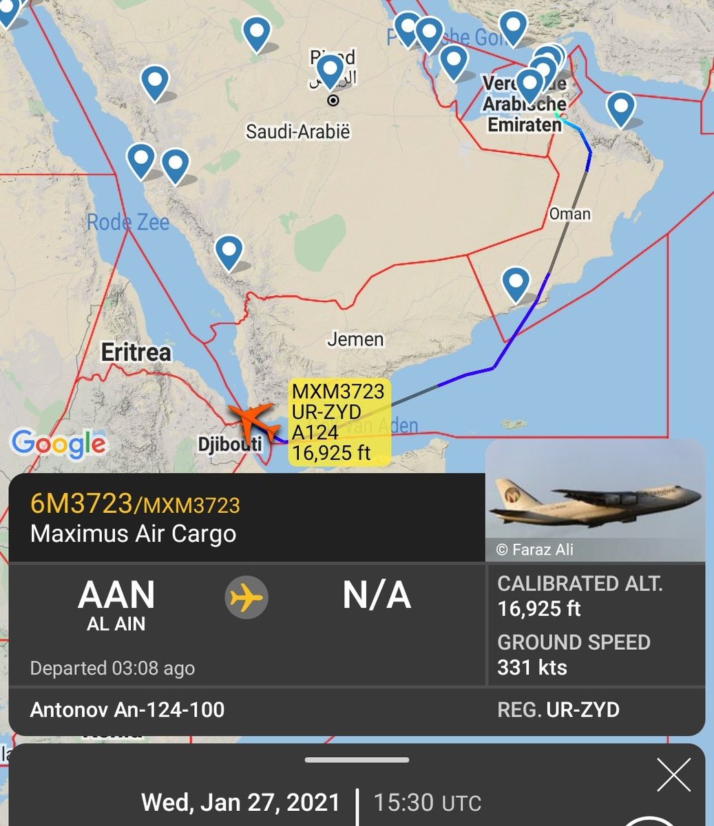 Maximus Antonov 124 reg. UR-ZYD visited Assab Air Base in Eritrea again today, just like yesterday.  Base is known for supplies to the wars Yemen and Libya, and suspected for involvement in the war around the Tigray region and Ethiopia