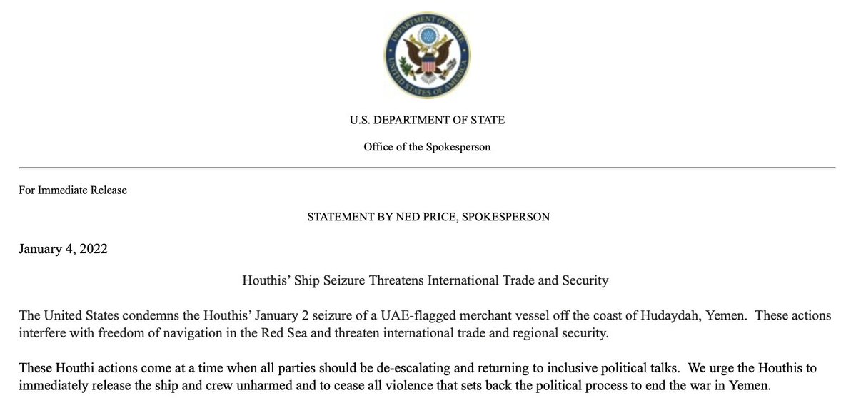 US condemns the Houthis' seizure of a UAE-flagged vessel off Yemen's coast