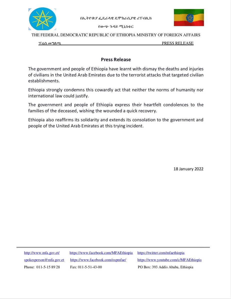 Ethiopia says Houthi drone strikes on Abu Dhabi can't be justified by neither the norms of humanity nor international law.