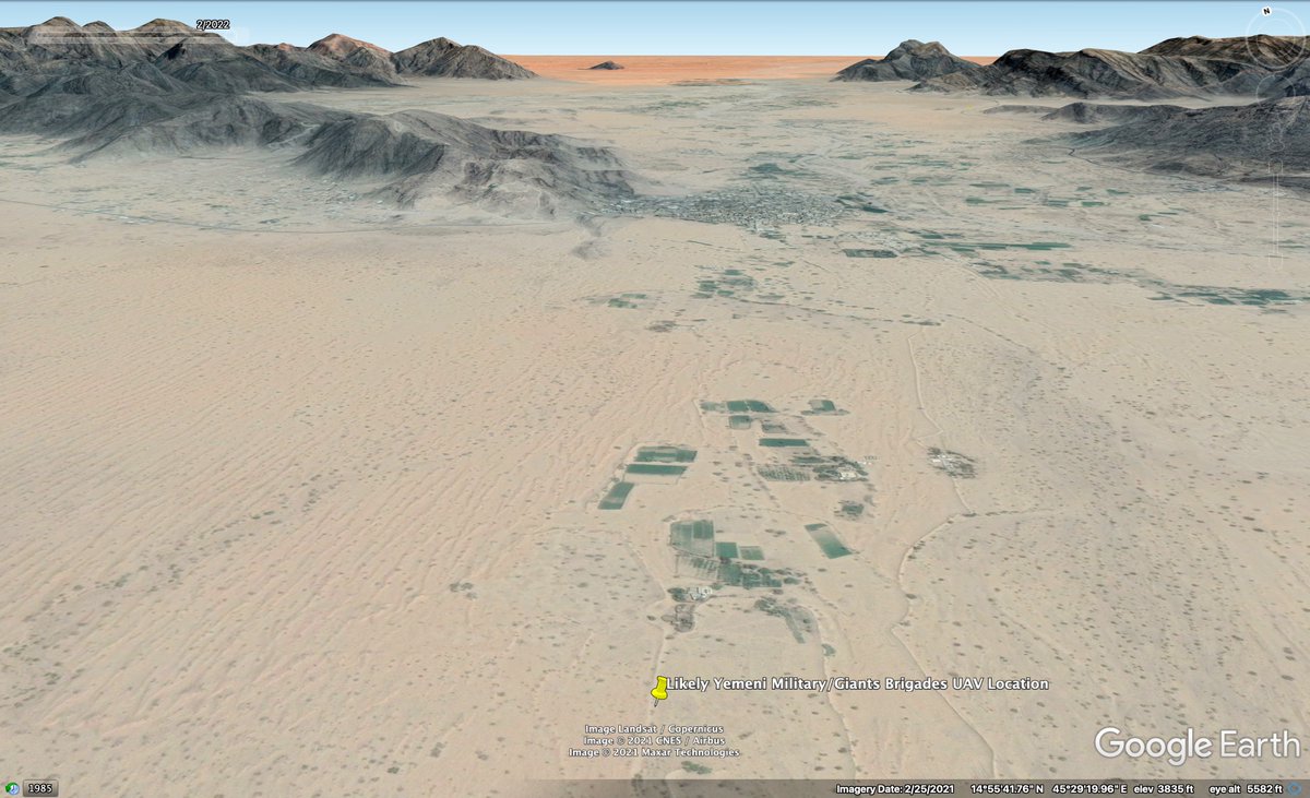 A FEB 2022 Yemeni Military (Pro-Hadi) video features likely Yemeni Military & Giants Brigades UAV footage of their forces shelling Houthi sites near Al-Ajruf, Harib, Marib, Yemen. Found the UAV's relative location