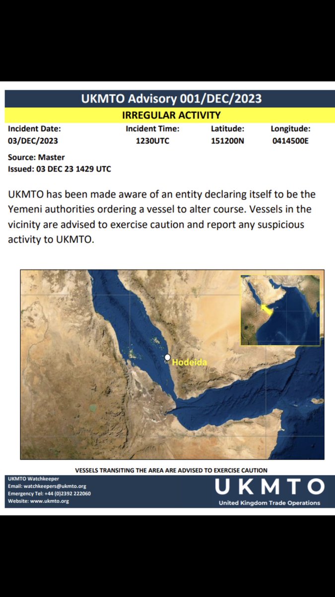 UKMTO reports three incidents involving ships in the vicinity of the Bab El-Mandeb Strait today. Two attacks involving Uncrewed Aerial Systems (UAS) and one incident involving an entity declaring itself to be “Yemeni authorities” ordering a ship to alter it’s course