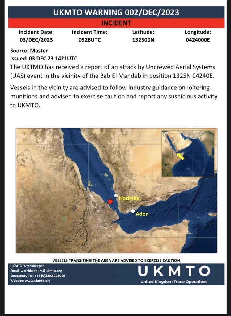 UKMTO reports three incidents involving ships in the vicinity of the Bab El-Mandeb Strait today. Two attacks involving Uncrewed Aerial Systems (UAS) and one incident involving an entity declaring itself to be “Yemeni authorities” ordering a ship to alter it’s course