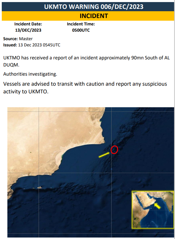 United Kingdom Maritime Trade Operations reports incident near coast of Oman south to Al Duqm