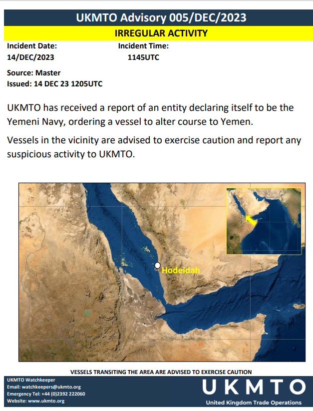 UKMTO has received a report of an entity declaring itself to be the Yemeni Navy, ordering a vessel to alter course to Yemen.