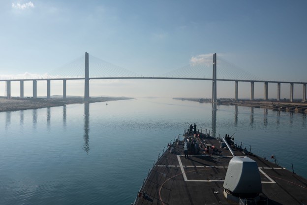 The Arleigh Burke-class guided-missile destroyer USS Laboon (DDG 58) transits the Suez Canal, Dec. 18. Laboon is deployed to the U.S. 5th Fleet area of operations to help ensure maritime security and stability in the Middle East region