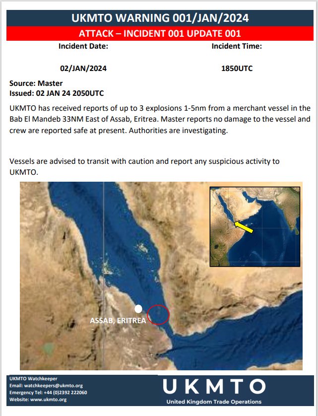 The Houthi Group in Yemen reportedly launched 3 Anti-Ship Ballistic Missiles at a Commercial Shipping Vessel near the Bab al-Mandab Strait roughly 33nm off the Coast of Eritrea, causing No Damage to the Ship or Casualties
