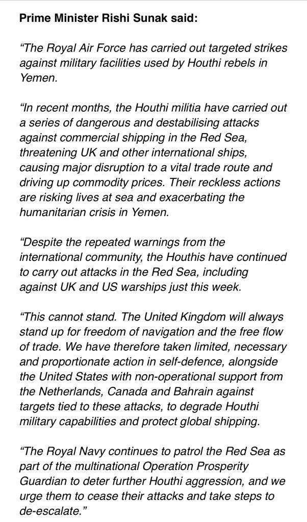 Prime Minister Rishi Sunak's statement on strikes against Houthi rebels