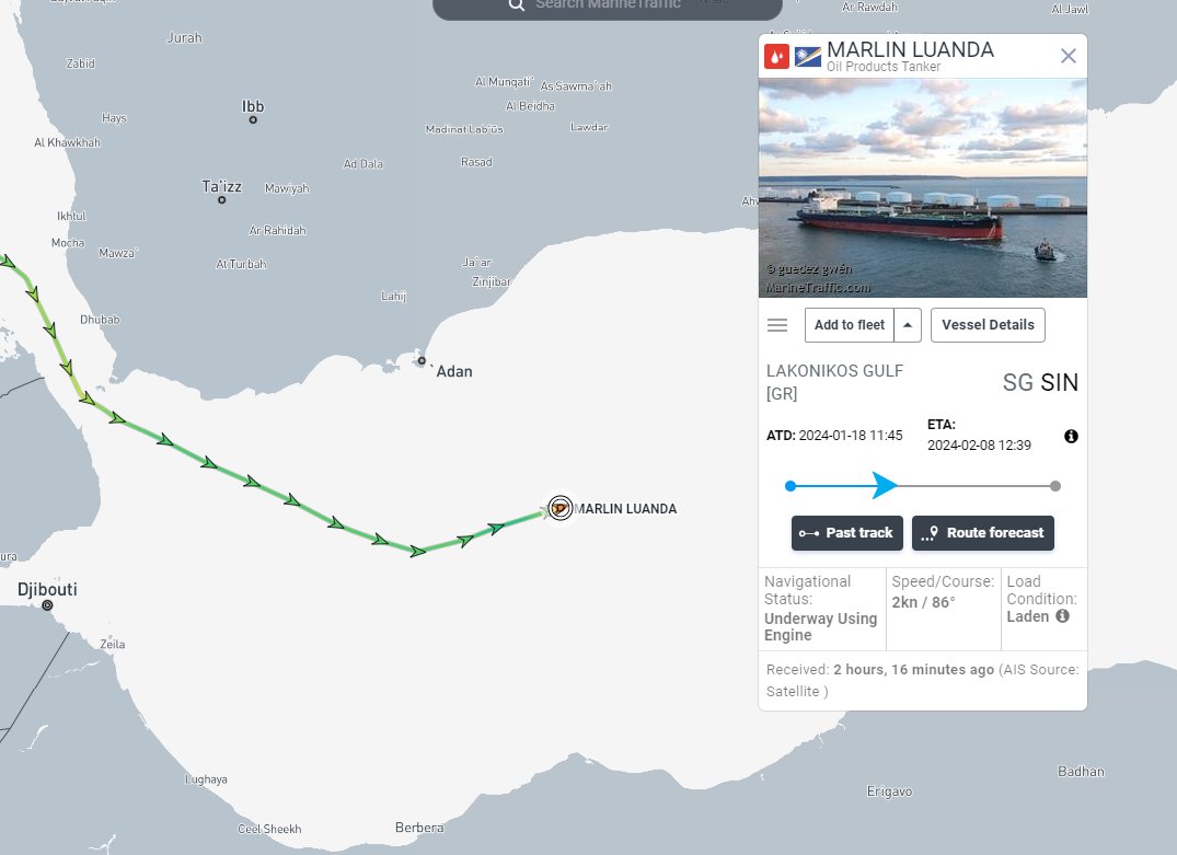 Trafigura Tanker Hit by Houthi Missile in Gulf of Aden. It appears two tankers have stopped in the Gulf of Aden - Marshall Is-flagged Marlin Luanda 110,000 dwt and Panama-flagged Achilles 109,000 dwt tanker 