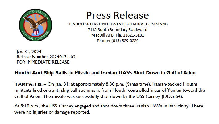 CENTCOM: Houthi Anti-Ship Ballistic Missile and Iranian UAVs Shot Down in Gulf of Aden