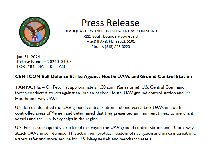 CENTCOM: CENTCOM Self-Defense Strike Against Houthi UAVs and Ground Control Station