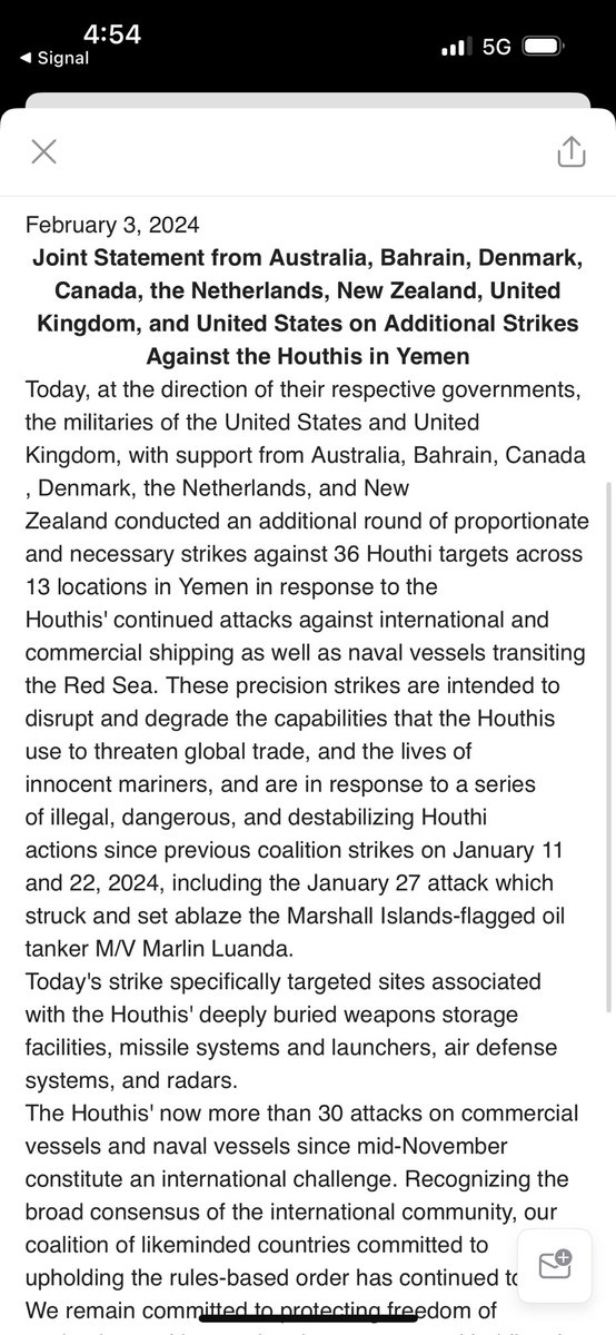 U.S. and UK forces, with support from partners, struck 36 Houthi targets across 13 locations in Yemen in response to the Houthis' continued attacks against international and commercial shipping as well as naval vessels transiting the Red Sea. Per @CENTCOM
