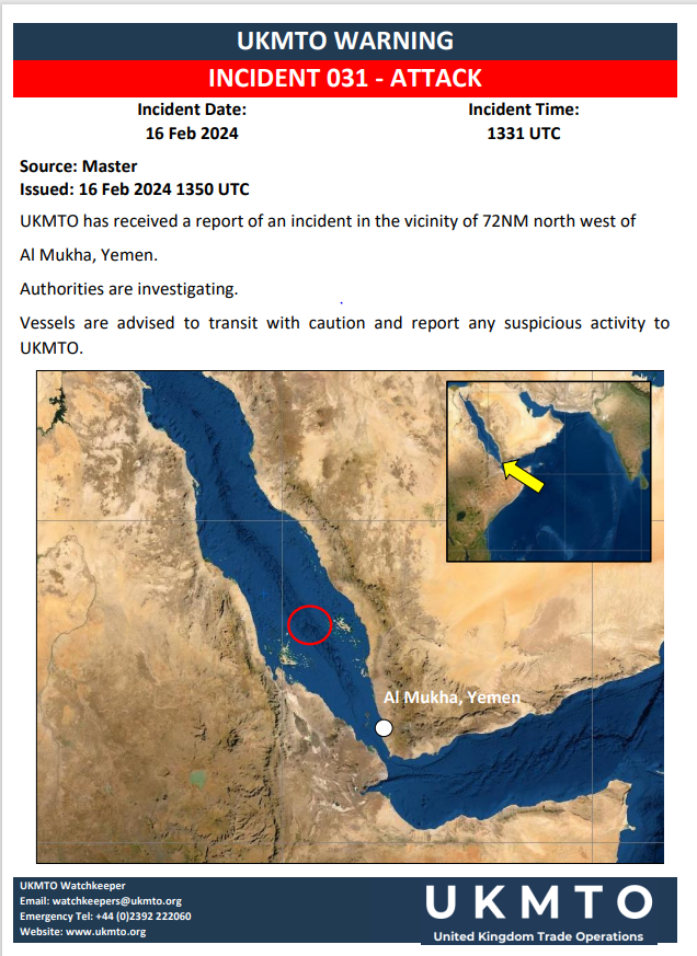 UKMTO has received a report of an incident in the vicinity of 72NM north west of Al Mukha, Yemen.