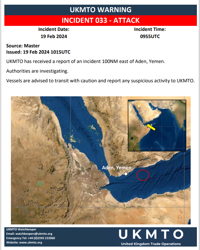UKMTO Incident 33: UKMTO has received a report of an incident 100NM east of Aden, Yemen.