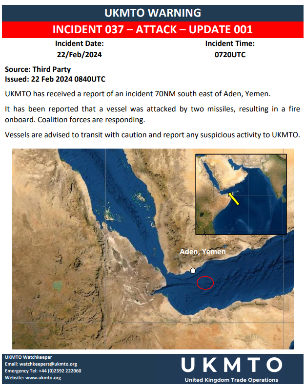 UKMTO Incident 37: UKMTO has received a report of an incident 70NM south east of Aden, Yemen. It has been reported that a vessel was attacked by two missiles, resulting in a fire onboard. Coalition forces are responding.