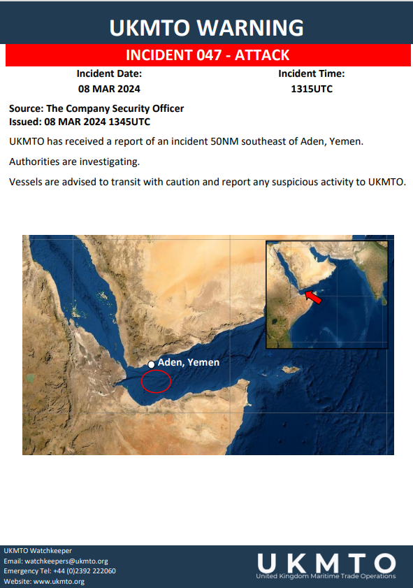 UKMTO:UKMTO has received a report of an incident 50NM southeast of Aden, Yemen