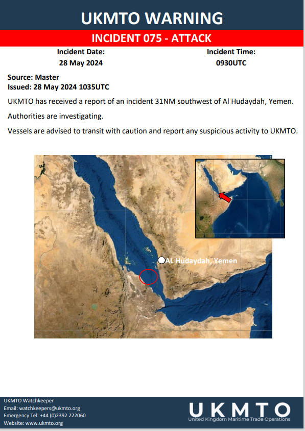 UKMTO has received a report of an incident 31NM southwest of Al Hudaydah, Yemen. Authorities are investigating