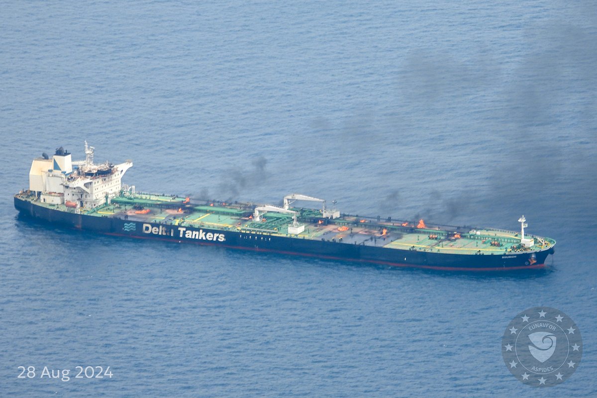 EUNAVFOR ASPIDES, an EU military operation in the Red Sea, the Indian Ocean and the Gulf: The M/V SOUNION has been on fire since August 23rd. EUNAVFOR ASPIDES operating assets in the area have reported that there are fires detected in several locations on the main deck of the vessel. There’s no oil spill, and the ship is still anchored and not drifting. All passing vessels in the vicinity are required to proceed with utmost caution, as the M/V SOUNION poses both a navigational risk and a serious and imminent threat of regional pollution. To avert a catastrophic environmental crisis, EU NAVAL FORCES ASPIDES, in coordination with European authorities, is assessing the situation and stands ready to facilitate any courses of action. Successful mitigation will require close coordination and active participation of regional states