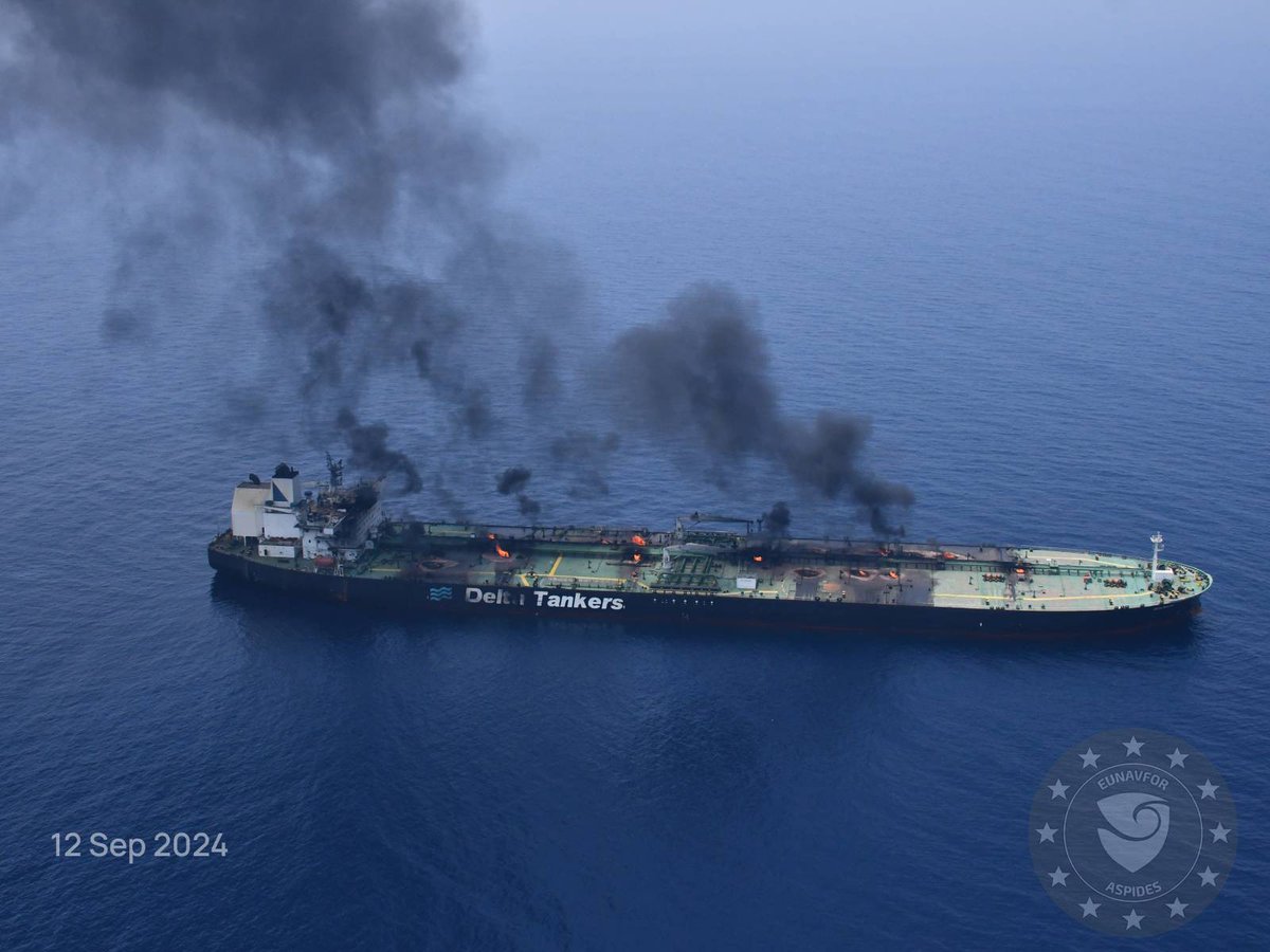 On 12 September, the MV SOUNION remains on fire after it was attacked in the Red Sea. The vessel is currently anchored, not drifting and there are no signs of an oil spill from the main cargo hold