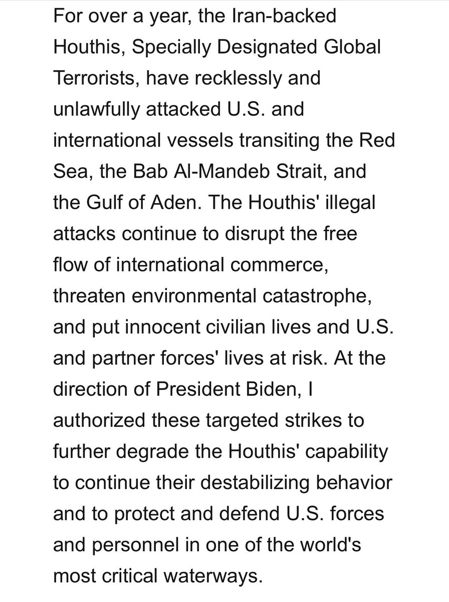 Des bombardiers américains B-2 frappent des cibles houthies au Yémen. Le secrétaire à la Défense Lloyd Austin a déclaré que les États-Unis ont frappé  des installations souterraines abritant divers composants d'armes  dans une  démonstration unique de la capacité des États-Unis à cibler des installations que nos adversaires cherchent à garder hors de portée