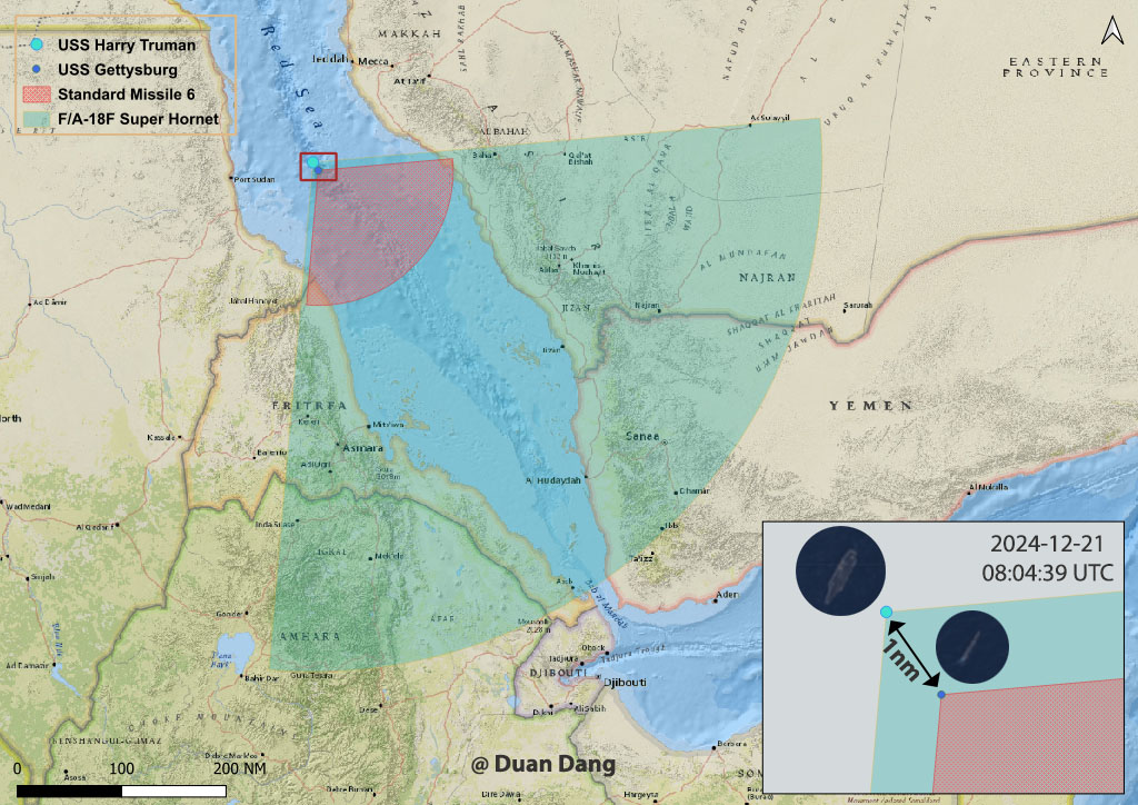 Positions of USS Harry Truman and USS Gettysburg in the Red Sea as of 2024-12-21 08:04:39 UTC, hours before the friendly fire incident involving USS Gettysburg and an F/A-18F Super Hornet