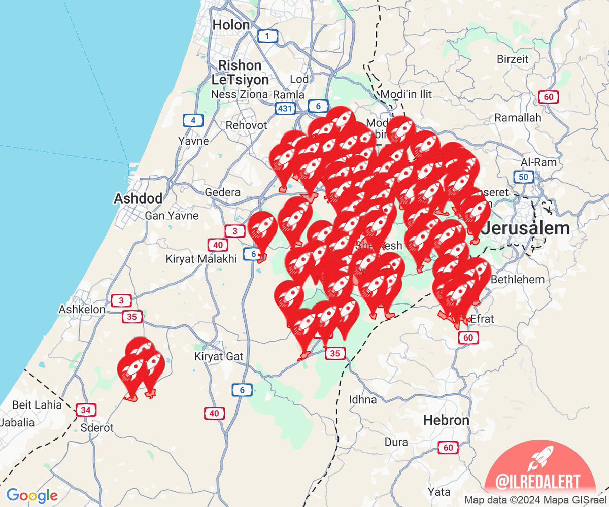 Red Alerts now for Central Israel just West of Jerusalem