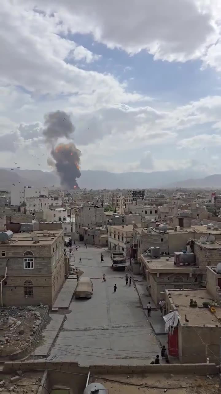 The Moment the Amran cement factory in Amran north of Yemen was hit by Israeli airstrikes today