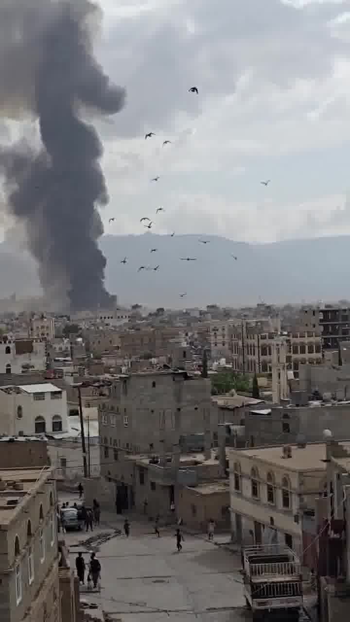 The Moment the Amran cement factory in Amran north of Yemen was hit by Israeli airstrikes today