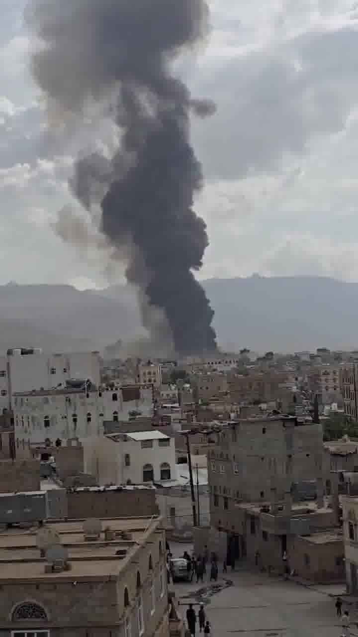 The Moment the Amran cement factory in Amran north of Yemen was hit by Israeli airstrikes today