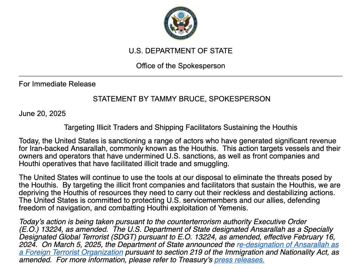 U.S. is sanctioning 12 entities, and two vessels that have imported oil and other illicit goods in support of Iran-backed Houthis
