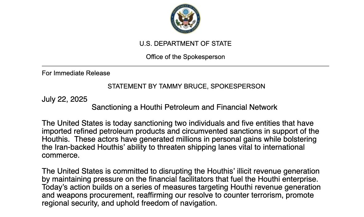 U.S. Sanctions Houthi Petroleum and Financial Network Amid Shipping Lane Threats