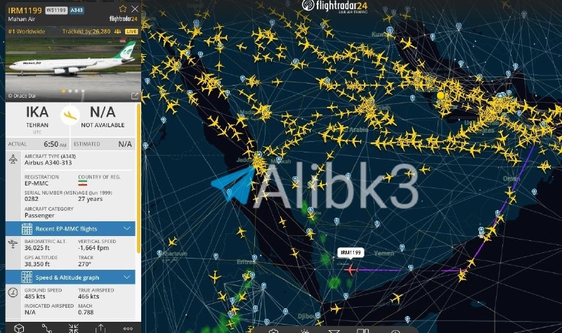 A Mahan Air (Iranian) plane approaches Sana'a airport