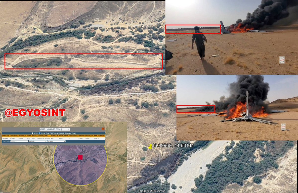 A thermal hotspot was detected today on NASA FIRMS at 16.09962, 44.60141 in Yemen's Al Jawf Governorate, likely marking the crash site of the Royal Saudi Air Force (RSAF) Bayraktar Akıncı UCAV shot down by the Houthis