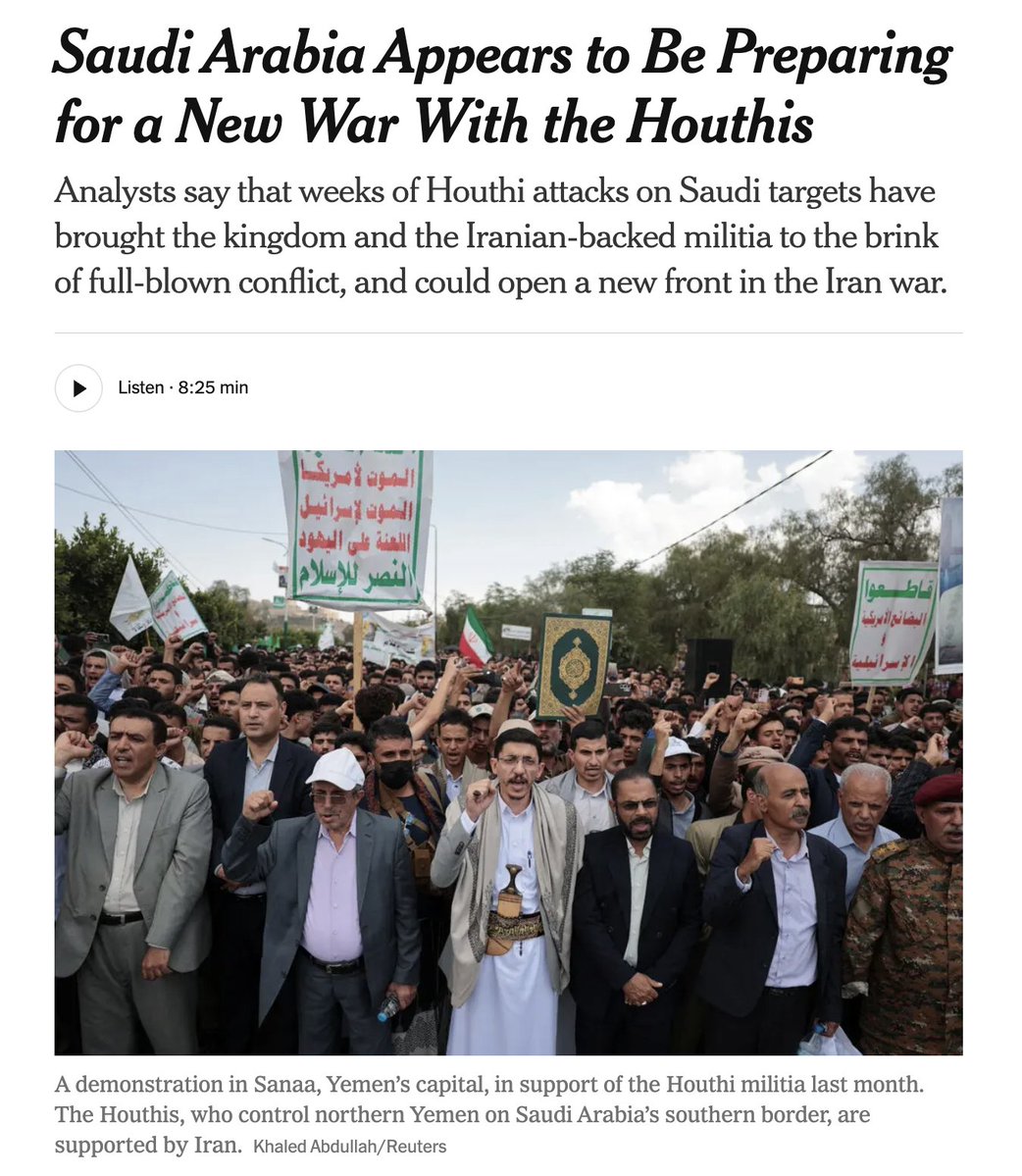 Saudi Arabia appears to be preparing for a renewed war with the Houthis after weeks of attacks on Saudi ships, airports and oil facilities. Analysts warn the escalation could open a new front in the Iran war. Saudi officials say the kingdom prefers peace but is prepared to act if attacks continue. Source: NYT
