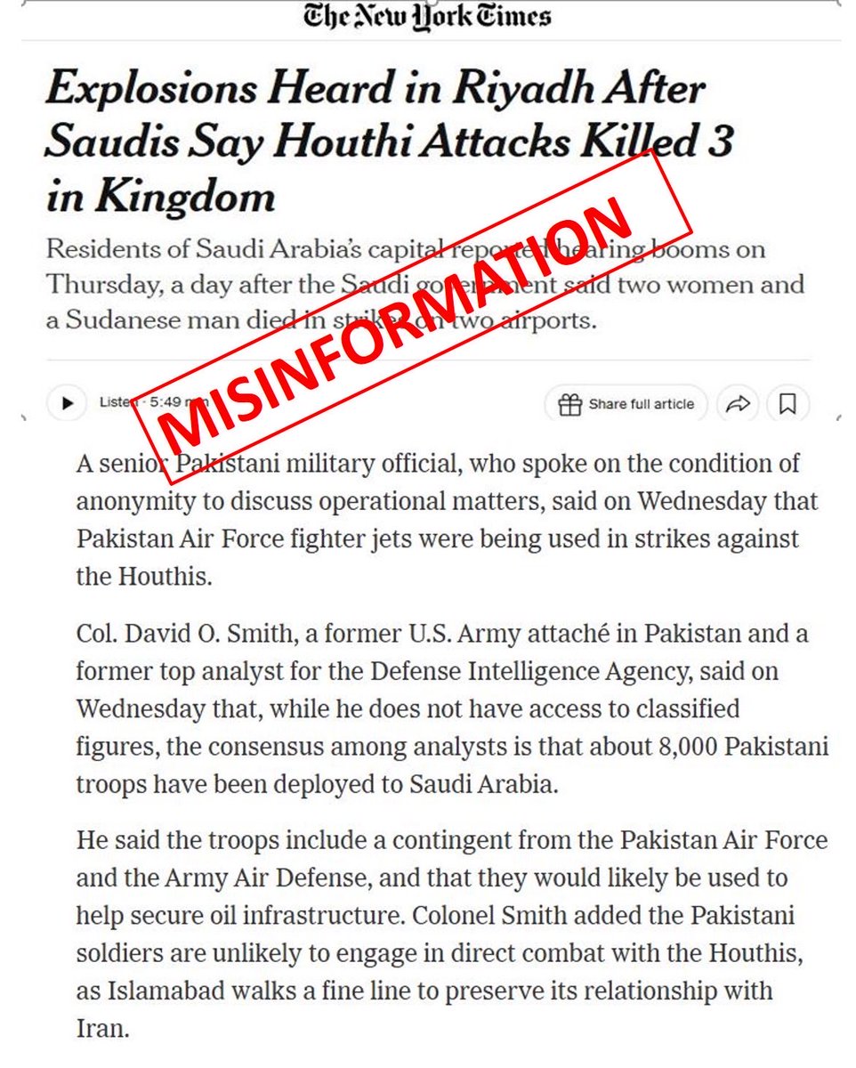 The Pakistani Ministry of Information & Broadcasting has issued a statement denying that Pakistani Air Forces are engaged in strikes against the Houthis in Yemen, calling the earlier New York Times report fake and fabricated.