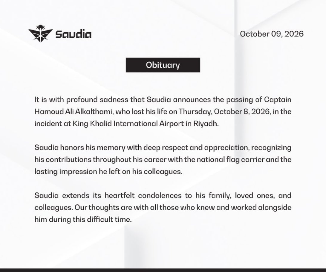 Saudia airline says its pilot Captain Hamoud Ali al-Kalthami was killed in the attack on King Khaled airport in Riyadh on Thursday